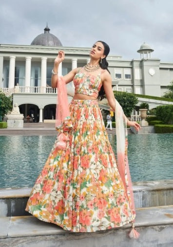 Floral Silk Lehenga Set with Net Dupatta